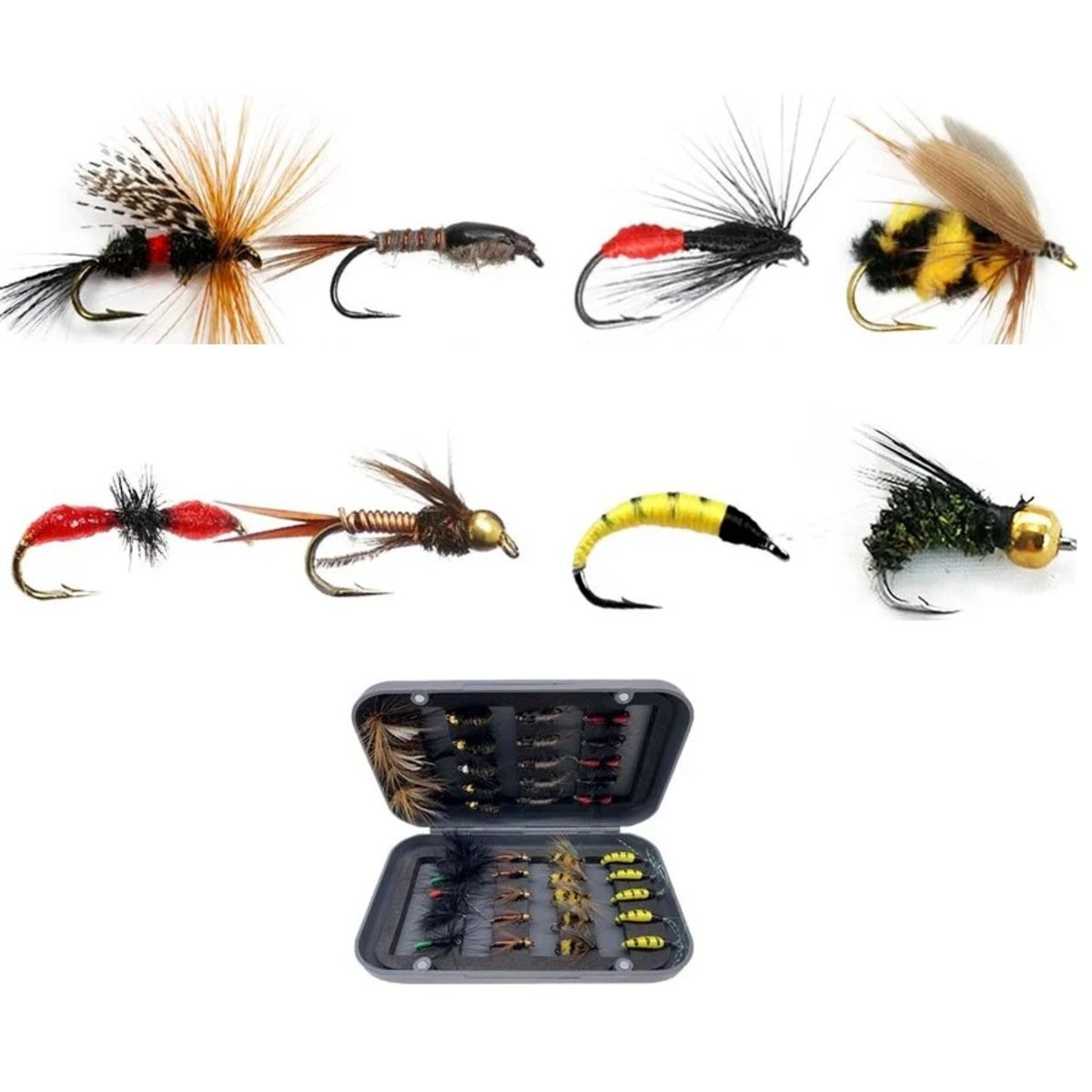 32-112 Piece Fly Fishing Lure Collection - Dry and Wet Flies with Box