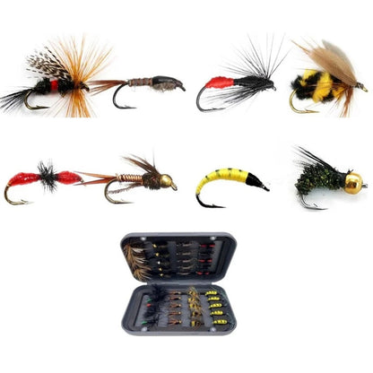 32-112 Piece Fly Fishing Lure Collection - Dry and Wet Flies with Box