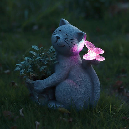 Solar Cat Figurine for Garden with LED Light | Weather-Resistant Resin | 21 cm Tall