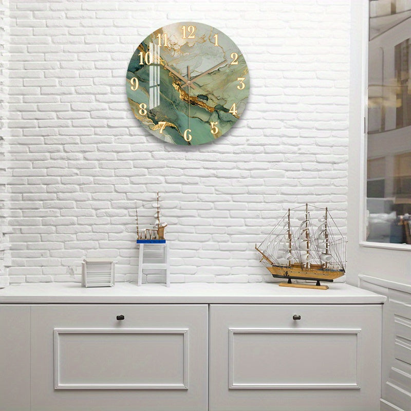 Round Silent Clock with Gold Accents – Abstract Marble and Wood Design