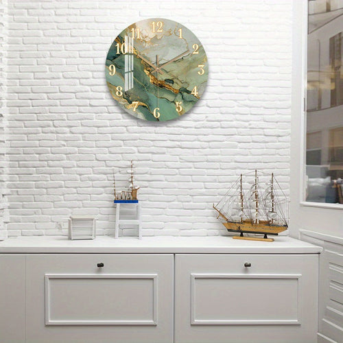 Round Silent Clock with Gold Accents – Abstract Marble and Wood Design