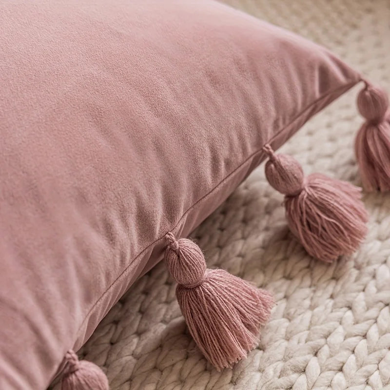 Boho Velvet Cushion Cover with Handmade Tassels | Soft Texture | 45x45 cm