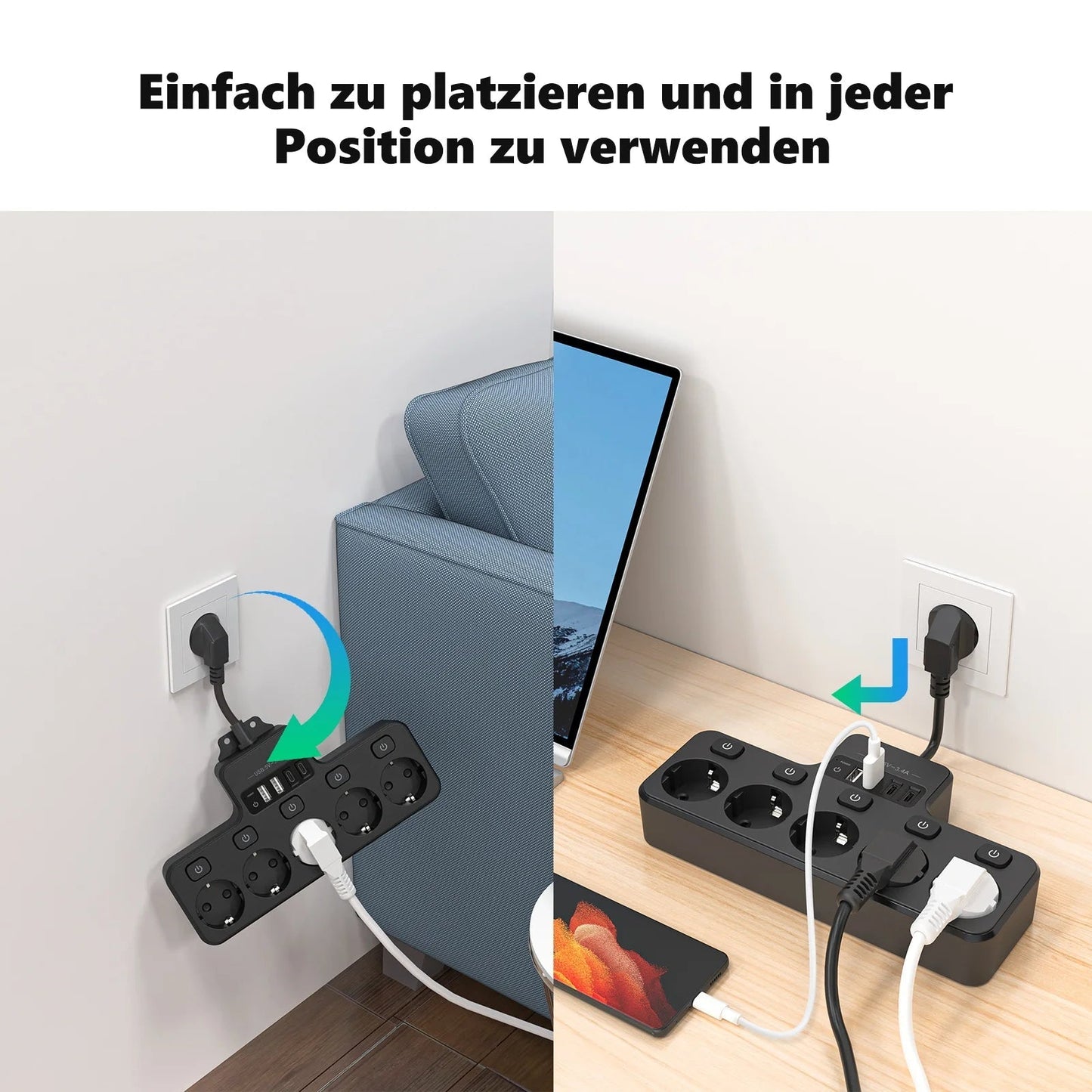 9-in-1 Power Strip with 5 AC Outlets and 4 USB Ports (2 Type-C) - 16A, 10 cm Short Cable, Individual Switch Control