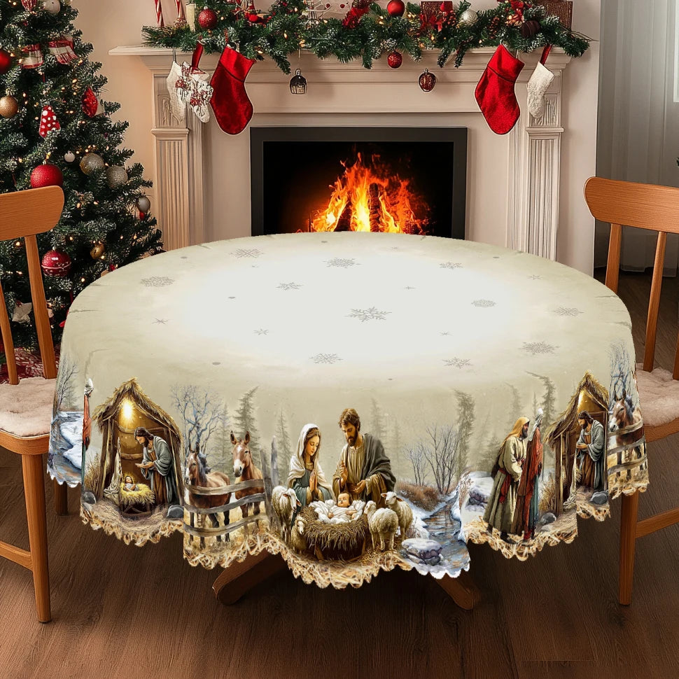 Christmas Tablecloth with Nativity Scene | Round and Rectangular | Easy Care and Wipeable Indoor/Outdoor Decoration