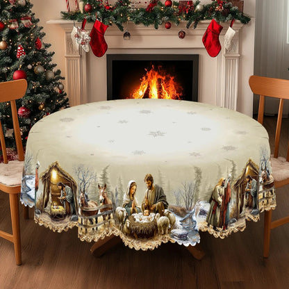 Christmas Tablecloth with Nativity Scene | Round and Rectangular | Easy Care and Wipeable Indoor/Outdoor Decoration