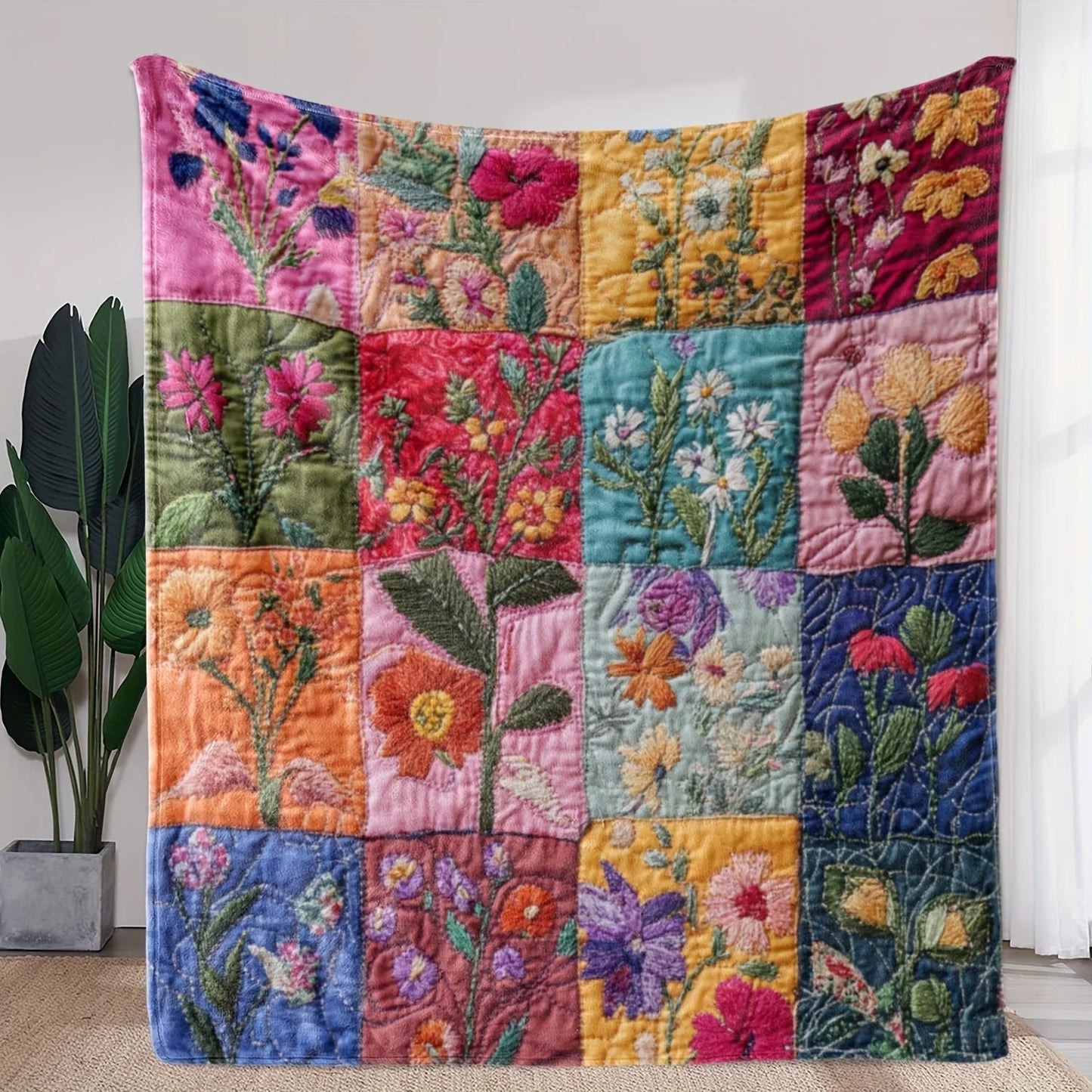 Flannel Patchwork Blanket with Floral Embroidery – Perfect for Sofa, Bed & Travel