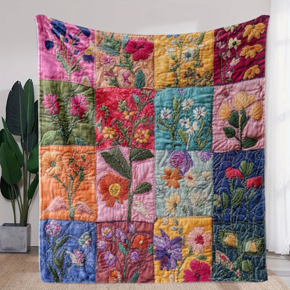 Flannel Patchwork Blanket with Floral Embroidery – Perfect for Sofa, Bed & Travel