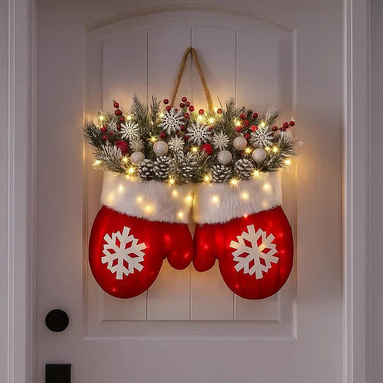Mitten-Shaped Christmas Wreath with 120 LEDs and Timer Function