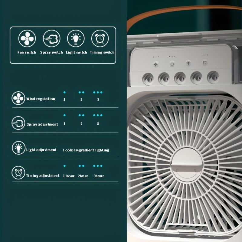 Compact Air Cooler for Home and Office - 3-Speed Hydrocooling Fan with 5 Humidifier Spray Heads