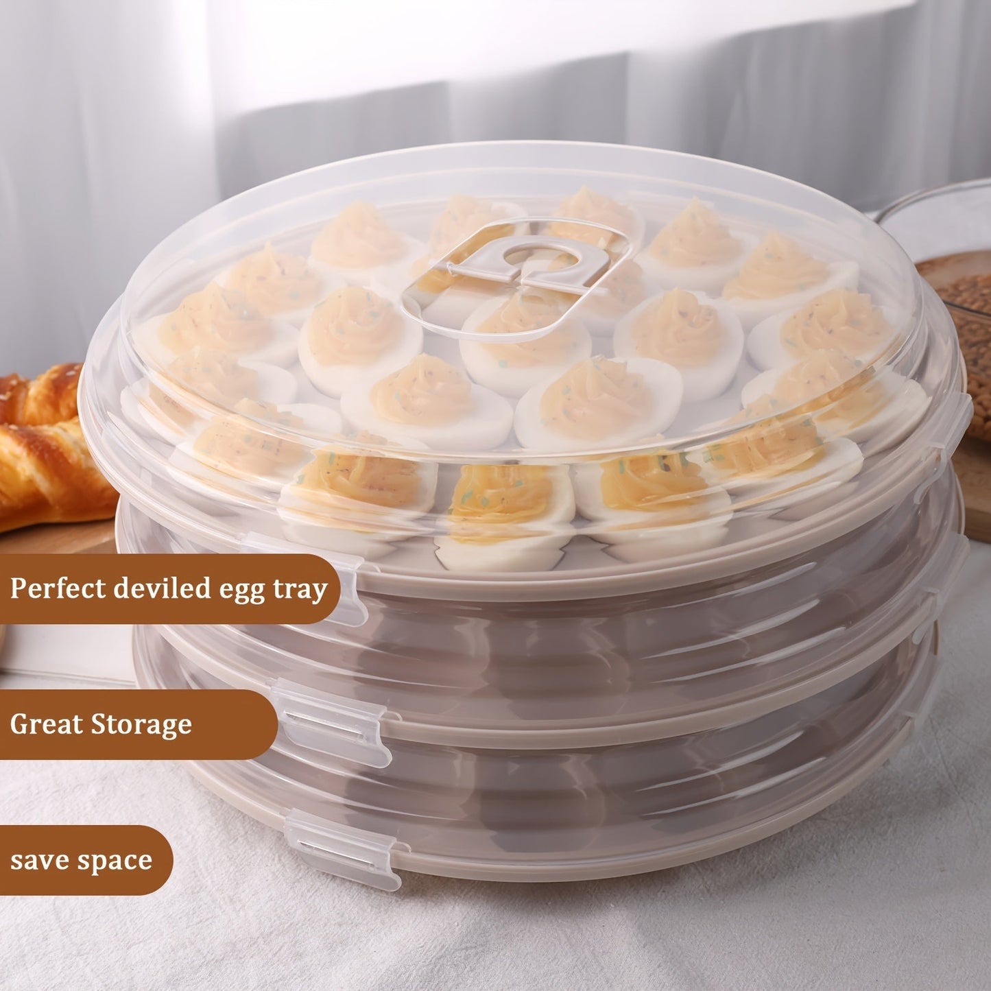 3-Piece Round Deviled Egg Serving Platters – Brown Carrier with Lid, Holds 22 Eggs