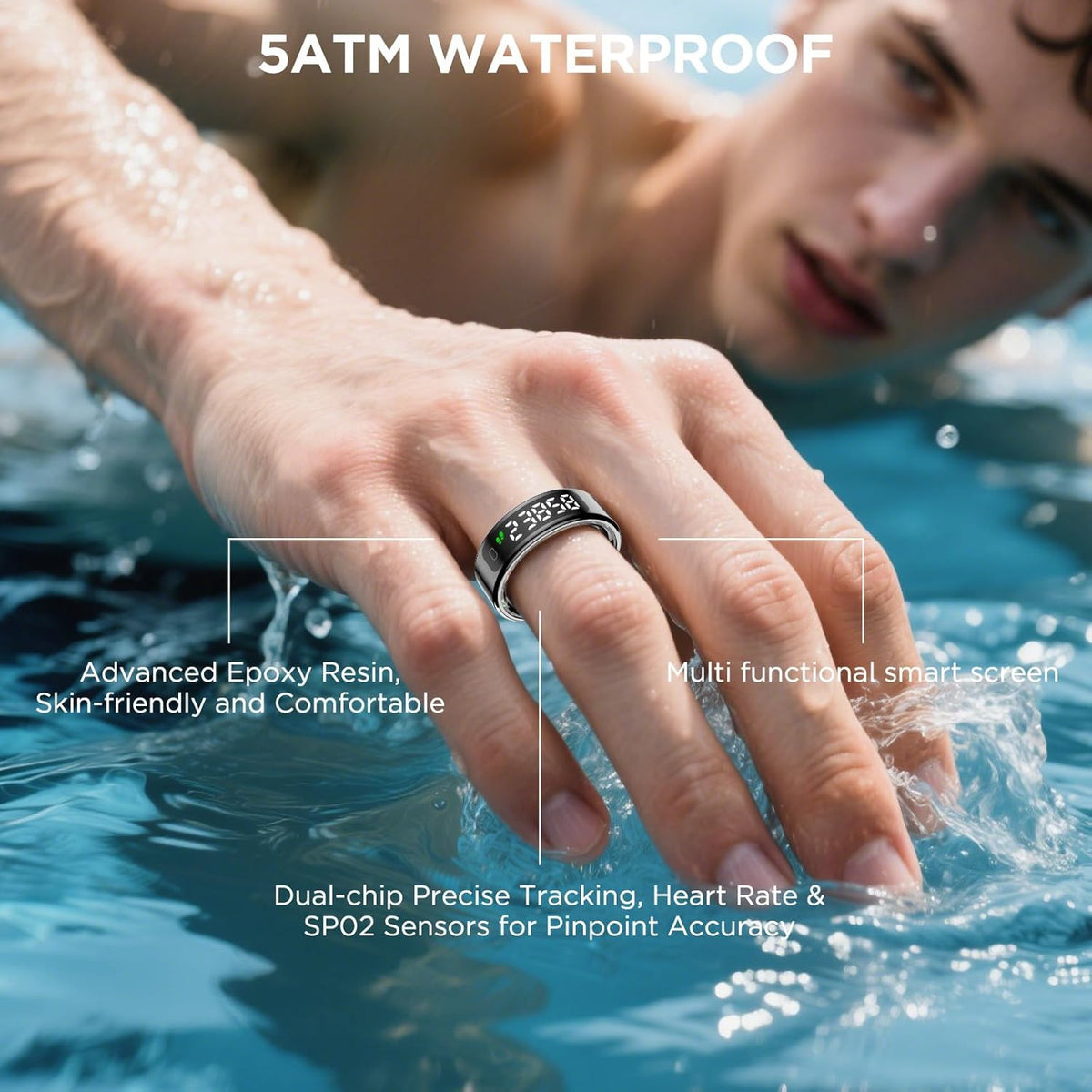 Touchscreen Health Tracker Smart Ring - 5ATM Waterproof Display