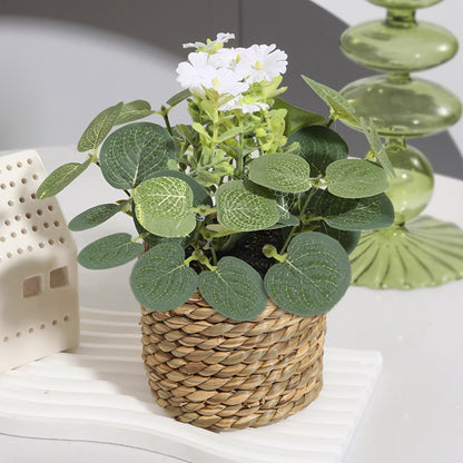 Mini Artificial Eucalyptus with Flowers | 11 cm | Includes Woven Basket | Easy-Care Indoor Decoration