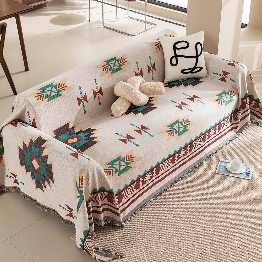 Reversible Boho Throw Blanket with Geometric Design – Soft Cotton Blend with Fringes