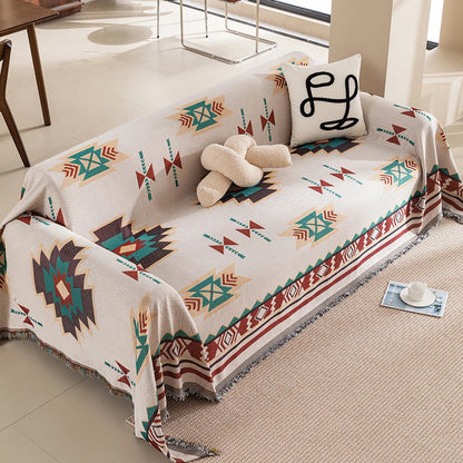 Reversible Boho Throw Blanket with Geometric Design – Soft Cotton Blend with Fringes