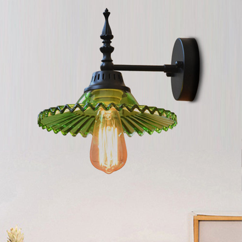Industrial Wall Lamp with Clear and Green Glass Cone Shade for Living Room