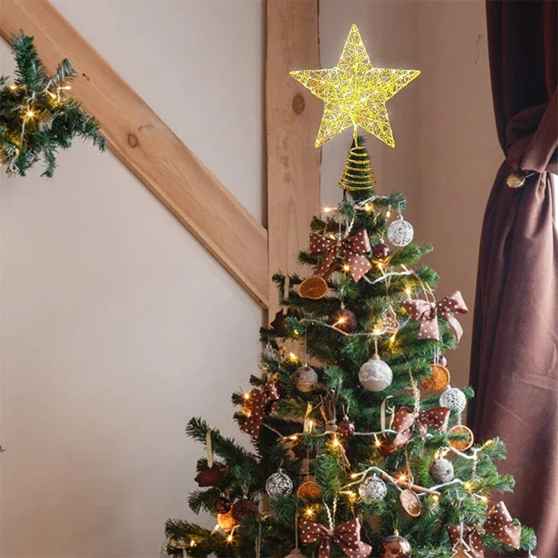 Christmas Star Tree Topper | Battery Operated LED Lights | Warm White | Metal Wire Frame