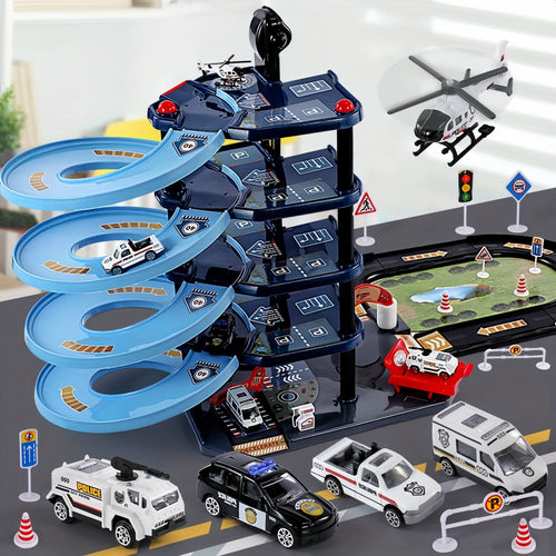 Multi-Level Fire Station Playset with Fire Truck and Traffic Signs for Kids