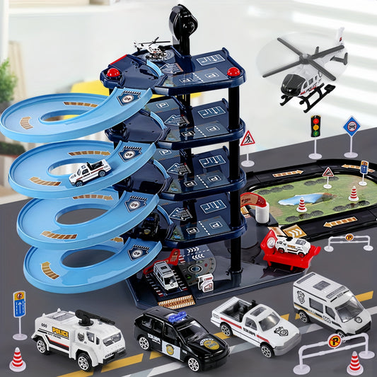 Multi-Level Fire Station Playset with Fire Truck and Traffic Signs for Kids
