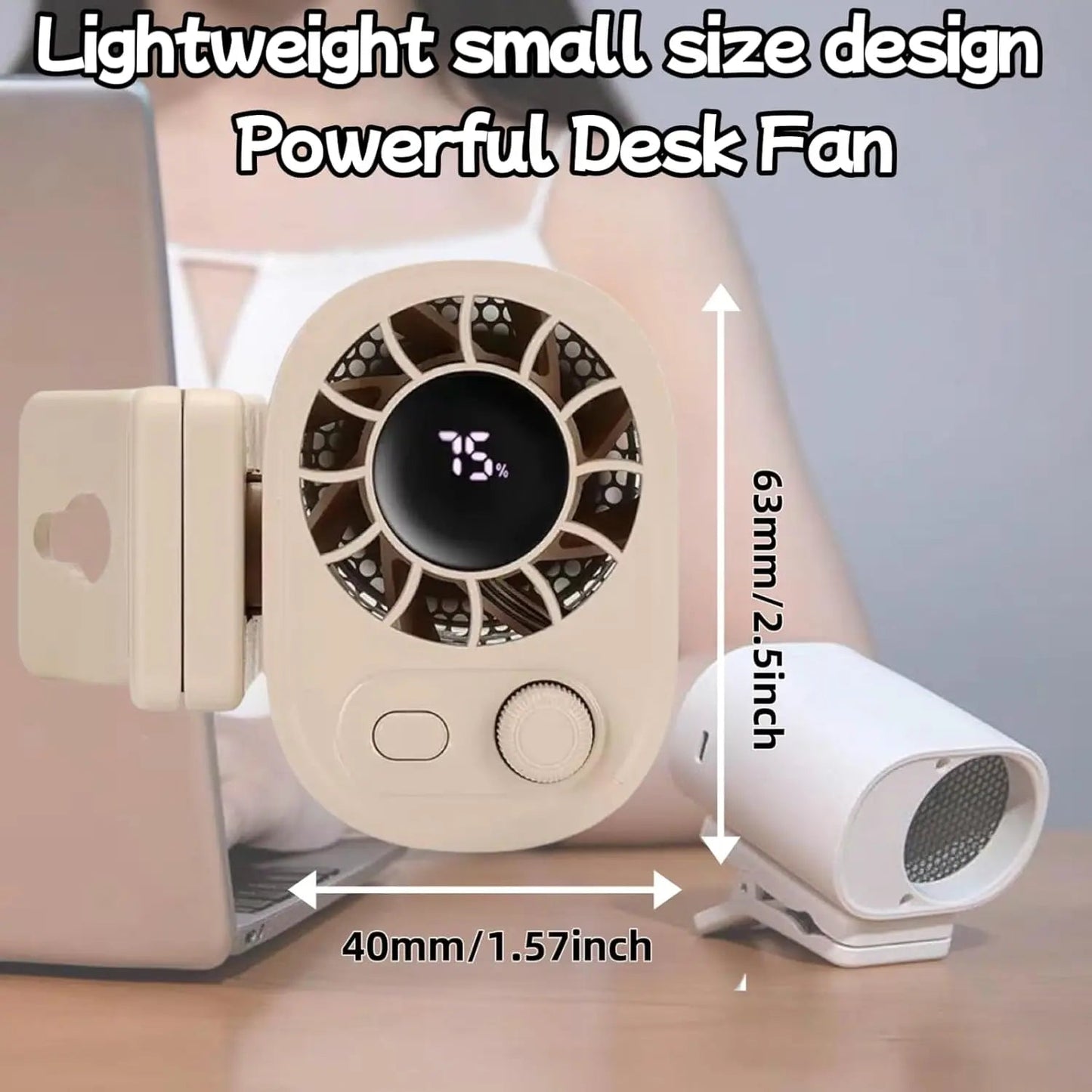 Compact Rechargeable Mini Clip Fan | 6.2 x 4.5 x 6.3 cm | 100 Speed Levels