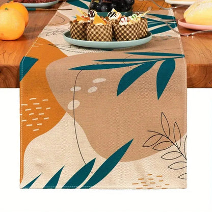 Boho Style Table Runner with Linen Look & Plant Pattern | 13×72 in