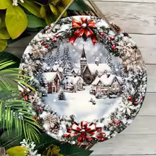 Wooden Christmas Sign with Relief Design - Winter Village and Snowy Scene - Wall and Door Decor