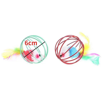 Cat Play Ball with Plush Mouse in Cage | Fun Toy for Energetic Indoor Cats | Random Color Ø 6 cm