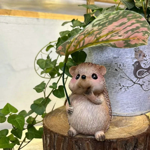 Hand-Painted Hedgehog Garden Decor - Weather-Resistant with Leaf Umbrella
