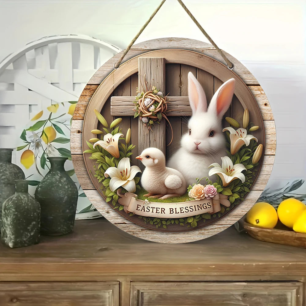 Spring Wooden Door Decoration - Rustic Bunny Wall Sign