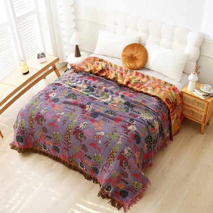 Elegant Floral Cotton Throw Blanket with Tassels
