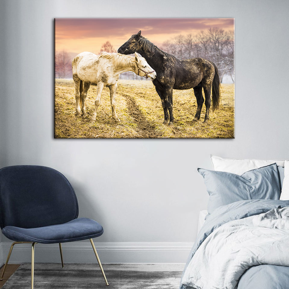 Canvas Art Print of Black and White Horses for Wall Decor