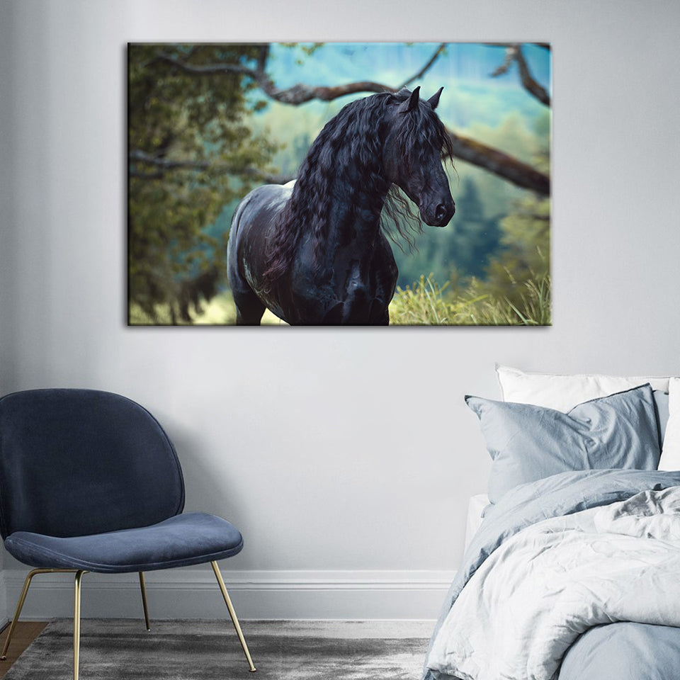 Canvas Artwork of a Black Horse in the Forest