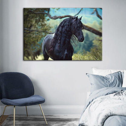 Canvas Artwork of a Black Horse in the Forest