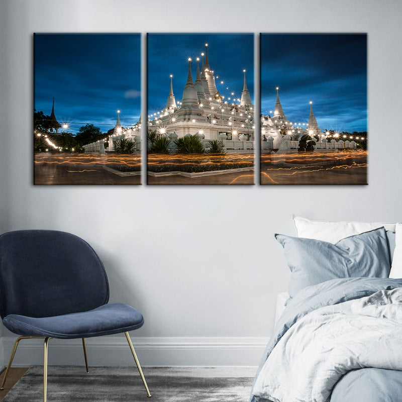 Set of 3 Canvas Wall Art Paintings – Serene Temple at Night