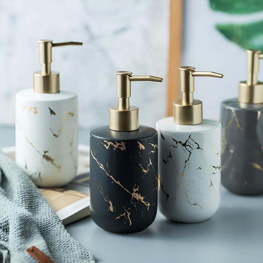 Sophisticated Ceramic Soap Dispenser | Marble Finish & Gold Touches | 400 ml for Bathroom & Kitchen