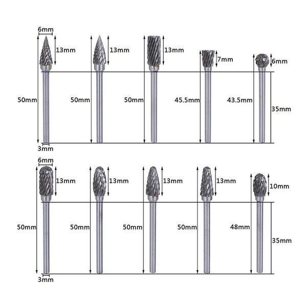 10-Piece Tungsten Steel Grinding Head Set - 10 in 1