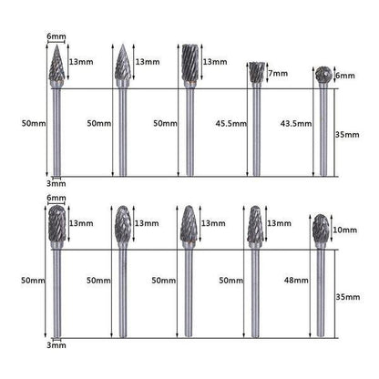 10-Piece Tungsten Steel Grinding Head Set - 10 in 1