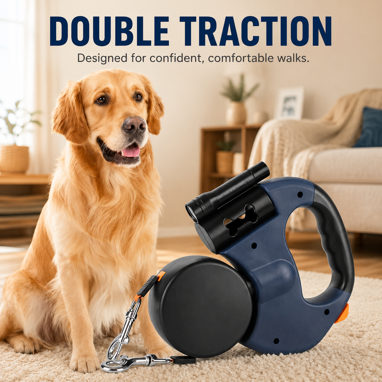 10-Foot Dual Retracting Leash for Dogs with Built-in Flashlight