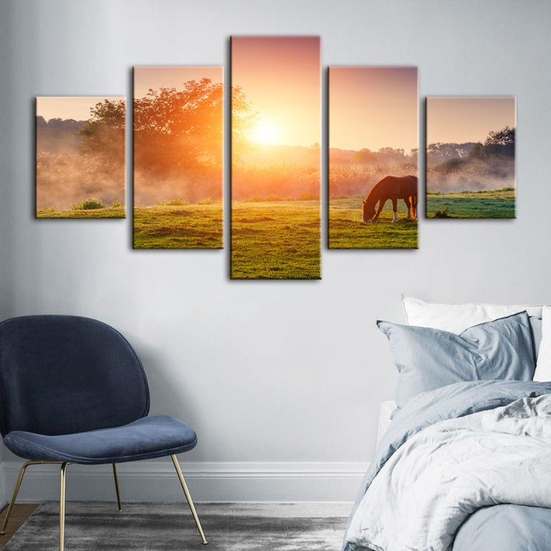 Tranquil Dawn - 5-Piece Canvas Horse Wall Art