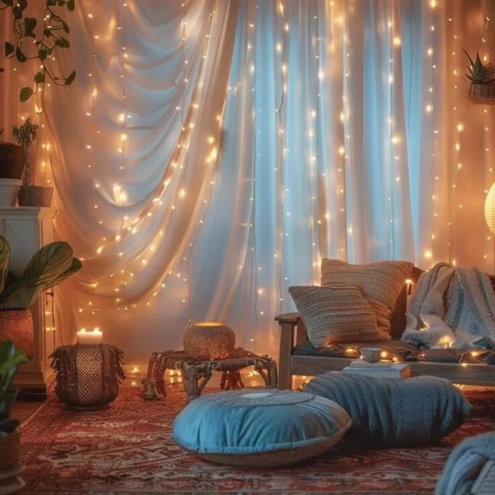 Warm White LED Fairy Curtain Lights with 8 Dynamic Modes for Relaxation