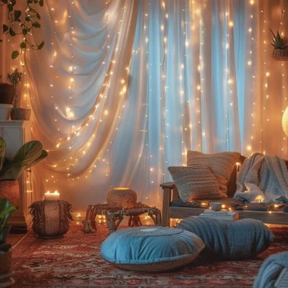 Warm White LED Fairy Curtain Lights with 8 Dynamic Modes for Relaxation