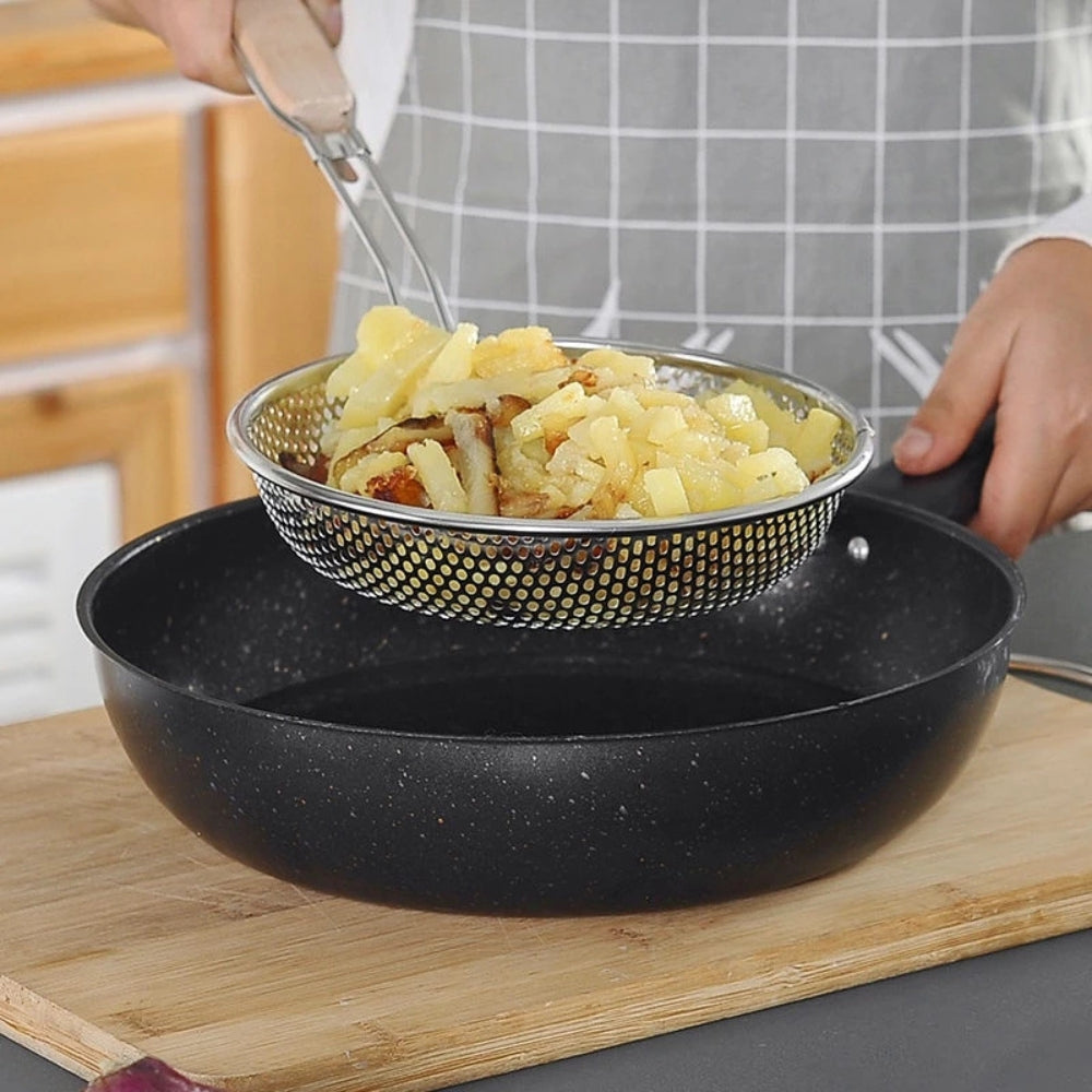 Precision Strainer with Wooden Grip for Effortless Cooking