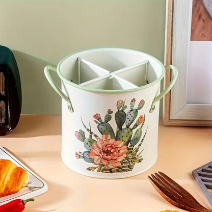 Vintage Floral Cutlery Organizer with Divider Lid