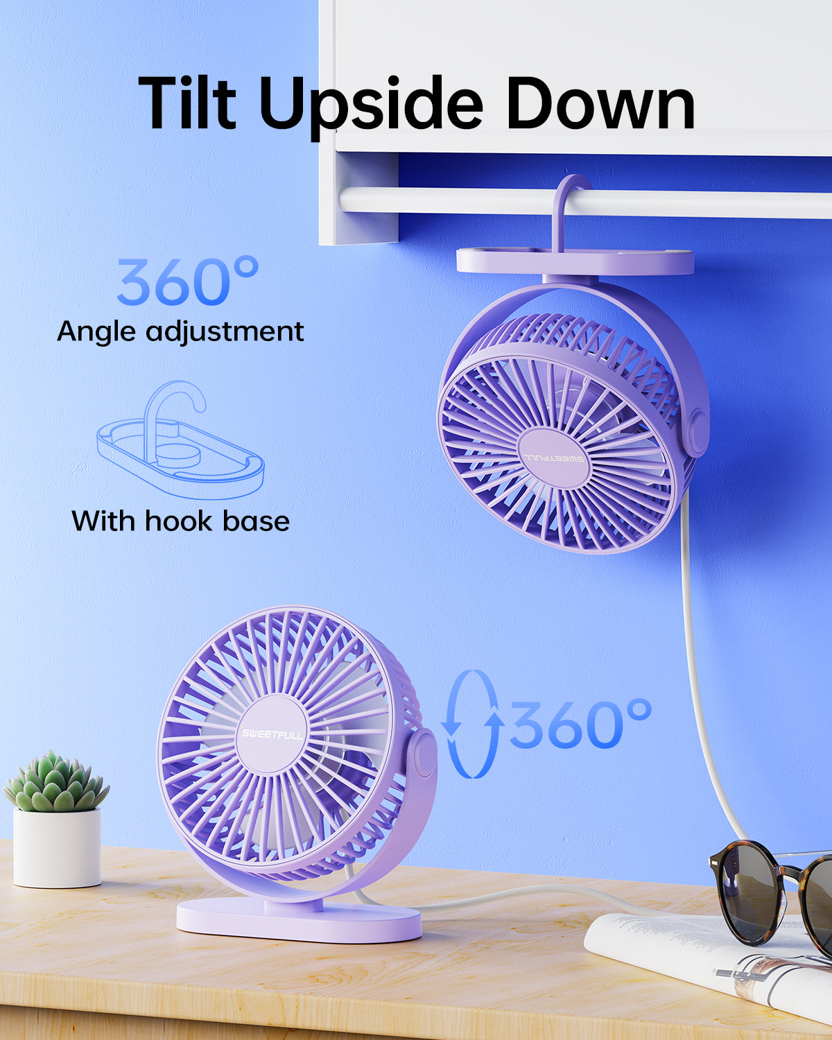 360° Rotating Desk and Hook Fan - 3-Speed Functionality