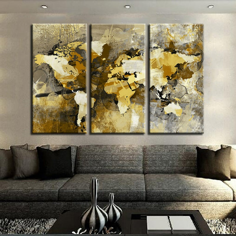 Abstract Yellow and Brown World Map Canvas Art Set of 3 Panels