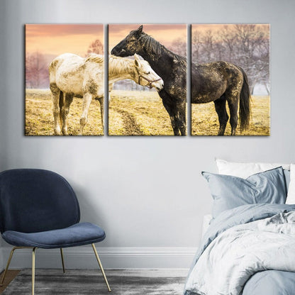 Set of 3 Canvas Wall Art Paintings – Black and White Horses