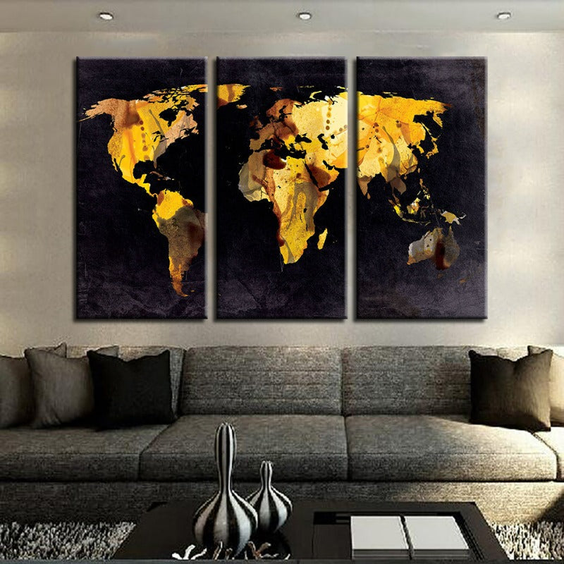 Set of 3 Canvas Art Prints - Yellow Leaf World Map Decor
