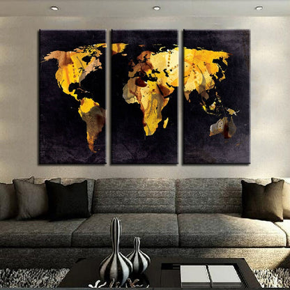 Set of 3 Canvas Art Prints - Yellow Leaf World Map Decor