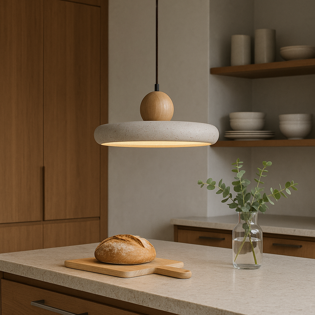 Ceiling Lamp with Natural Stone and Wood Pendant – Travertine Design