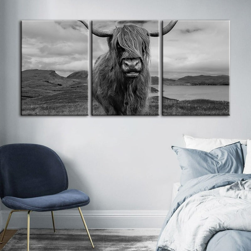 Set of 3 Canvas Wall Art Paintings – Black and White Cow Design