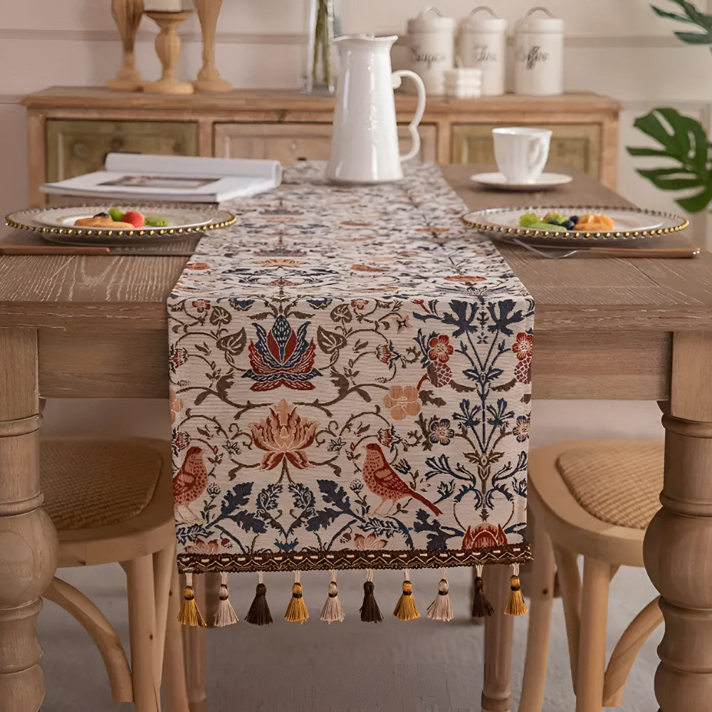 Vintage Floral and Bird Design Jacquard Table Runner